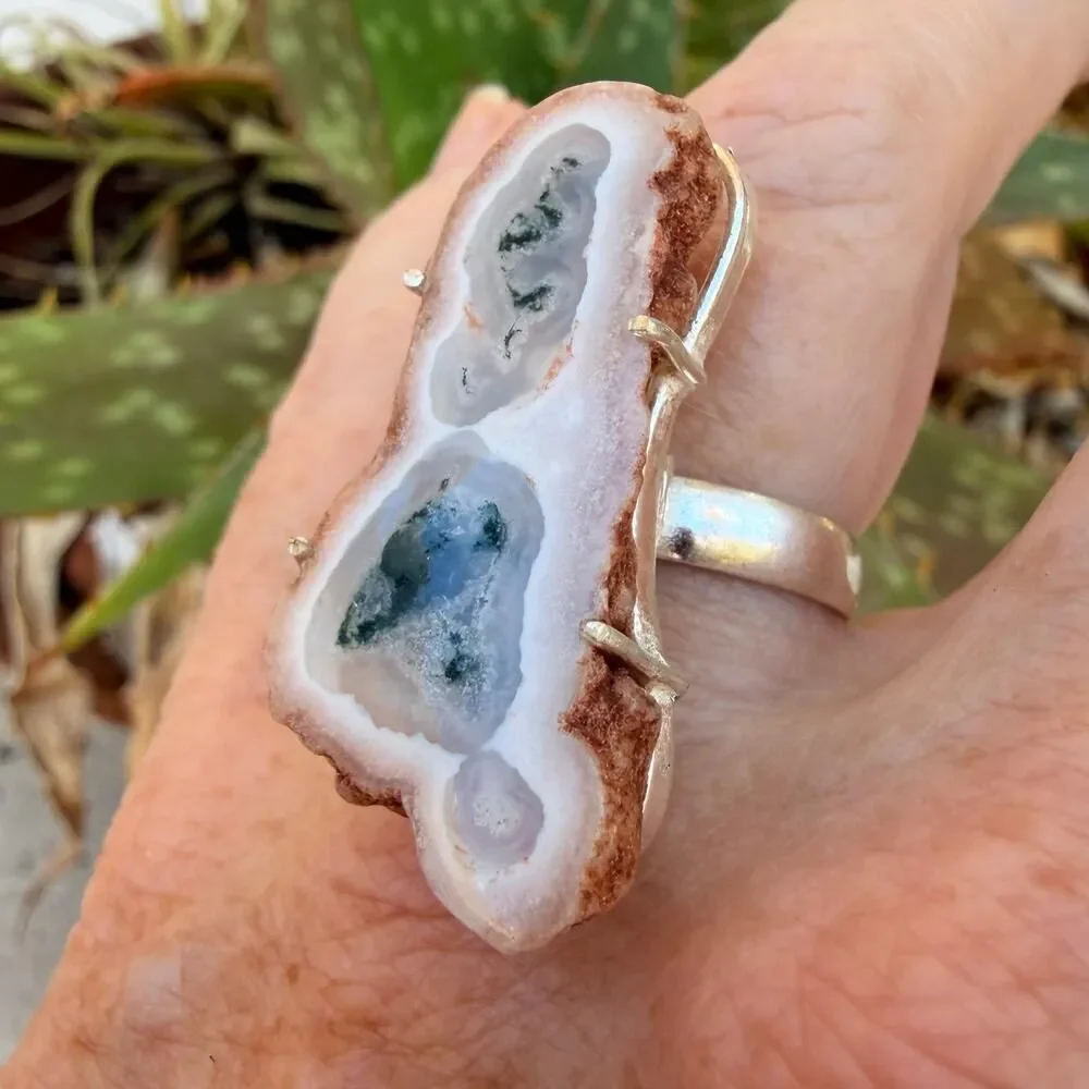 Solar Quartz Slice Druzy Ring 925 Silver Overlay Size 9, Tree Agate Ring
